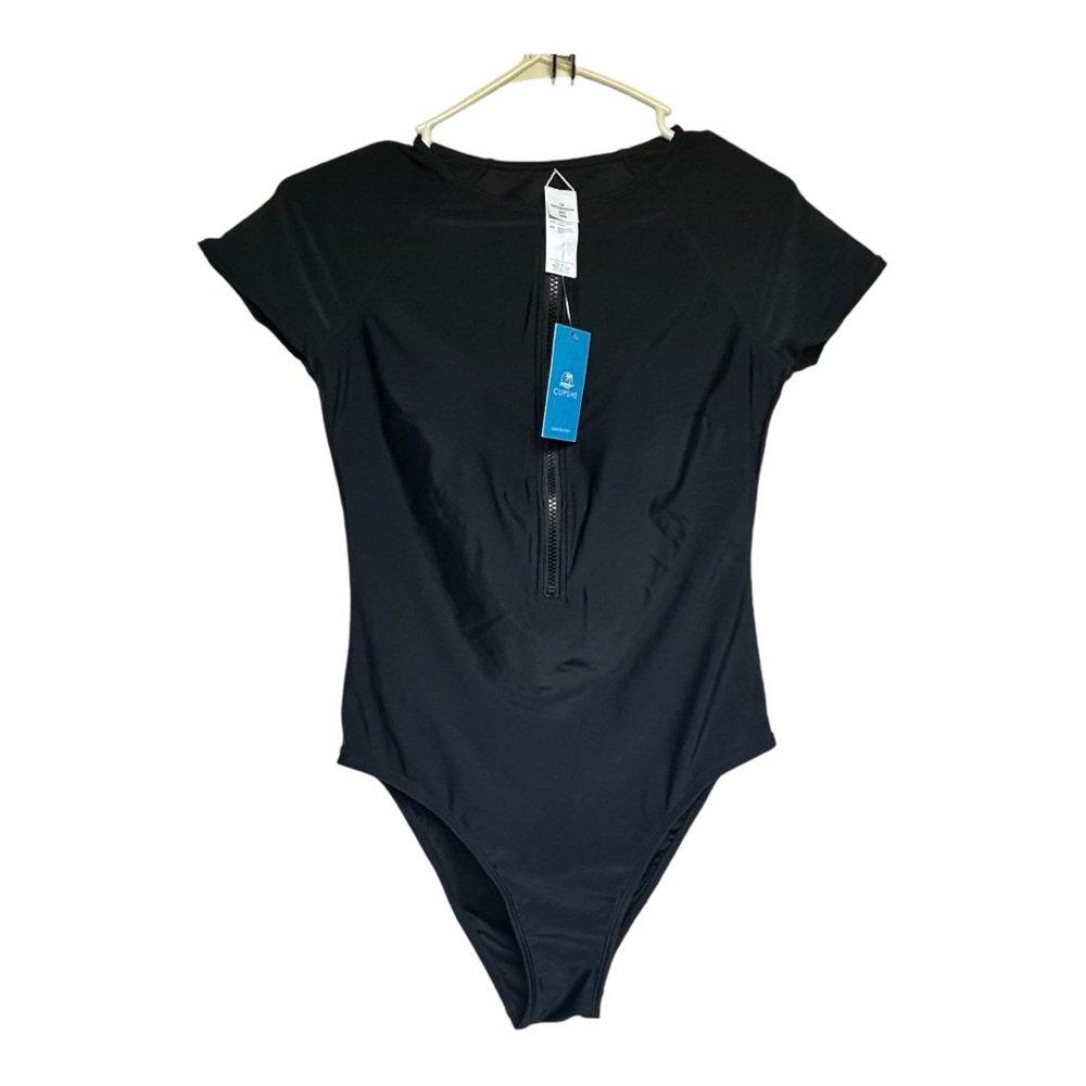 NWT ✨ CUPSHE Black Short Sleeve Swimsuit Zip One Piece